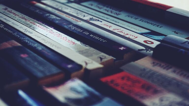 A collection of neatly arranged books on a shelf with visible titles.