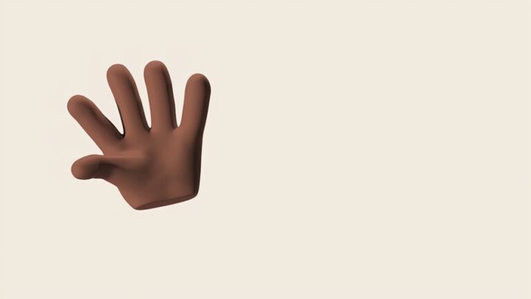 A 3D rendered cartoon hand in a waving gesture on a neutral background.